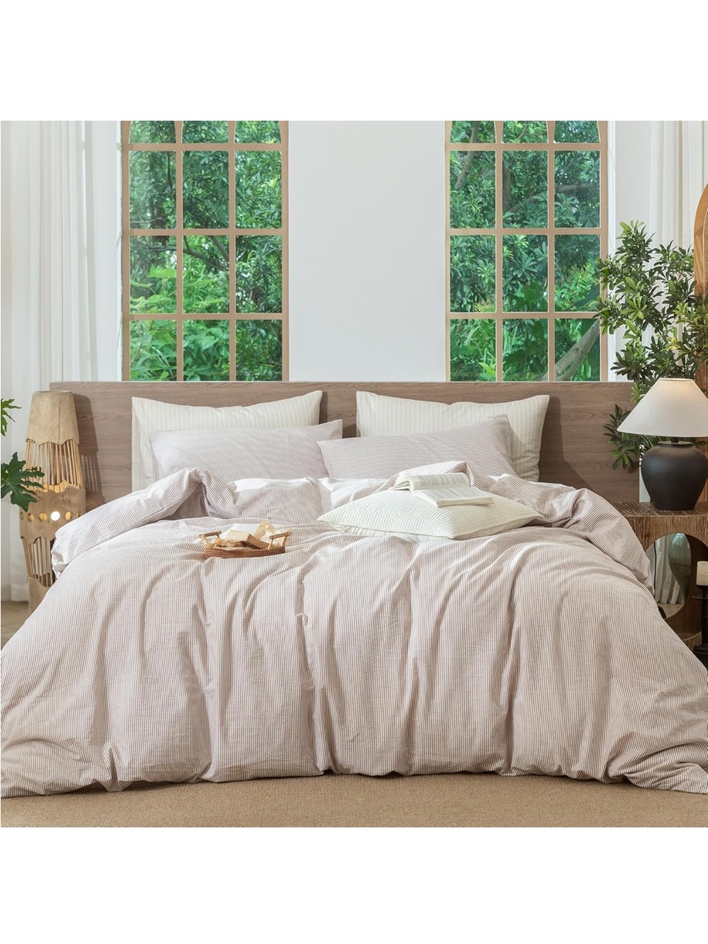 NEW MooMee Striped Duvet Cover Set 100% Washed Cotton Linen Like Oversized Queen